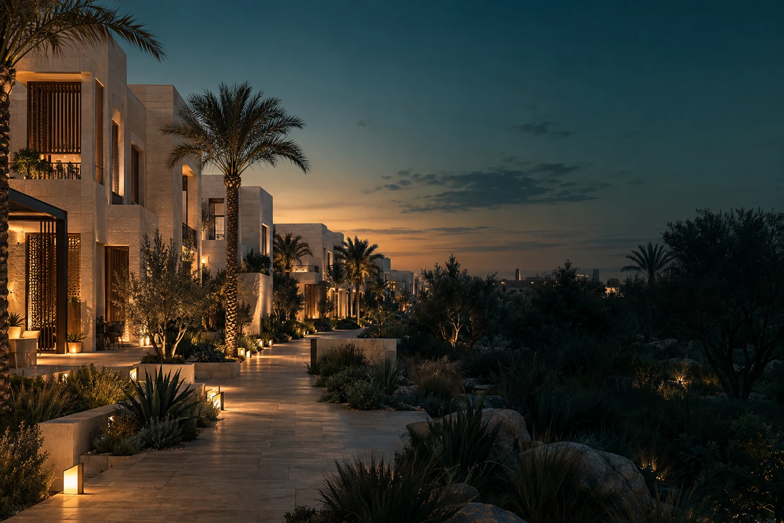 مشهد توضيحي لعمران سعودي معاصر وبيئة سكنية مستدامة